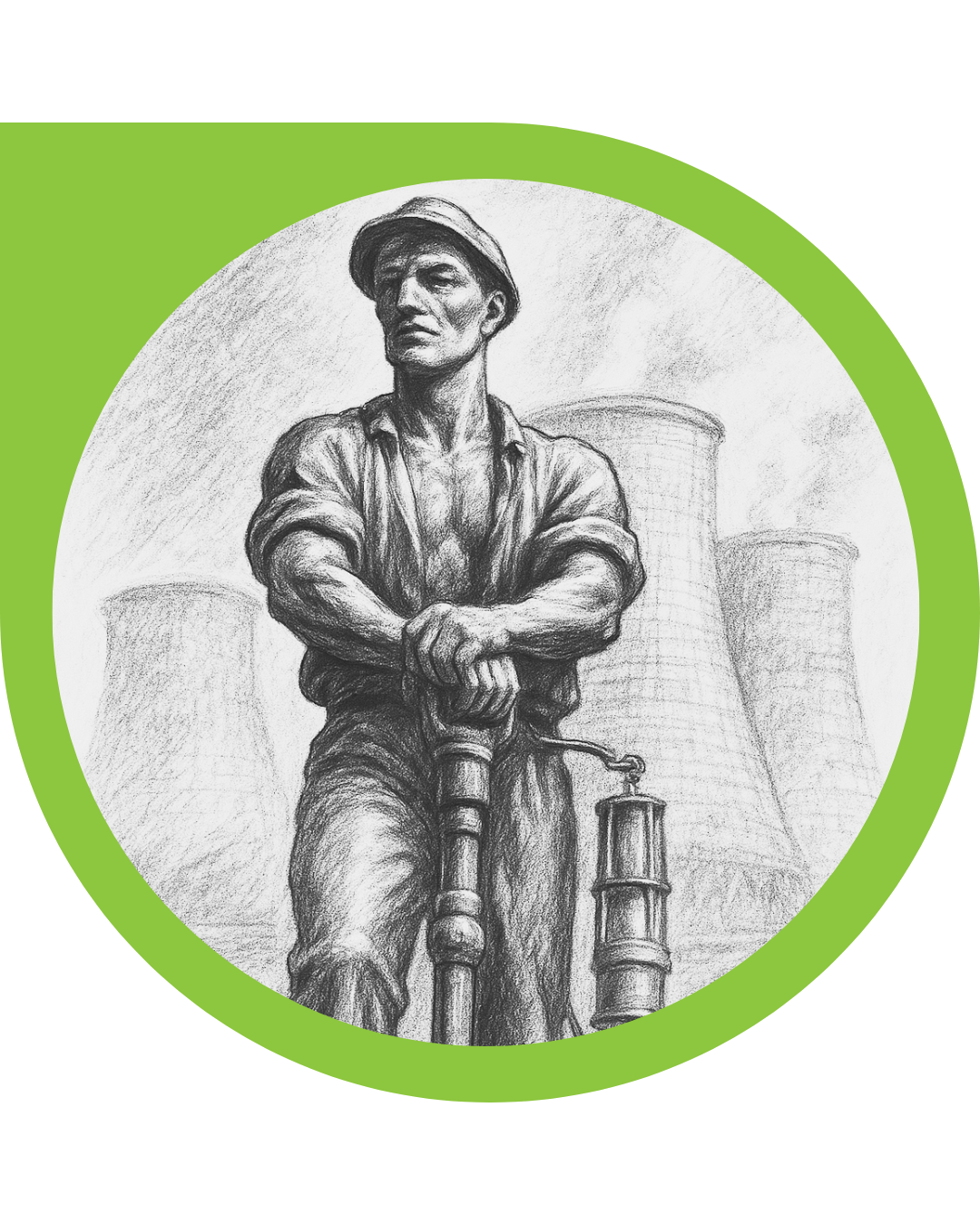 Ilustrație în cărbune care afișează un miner și echipament de muncă.