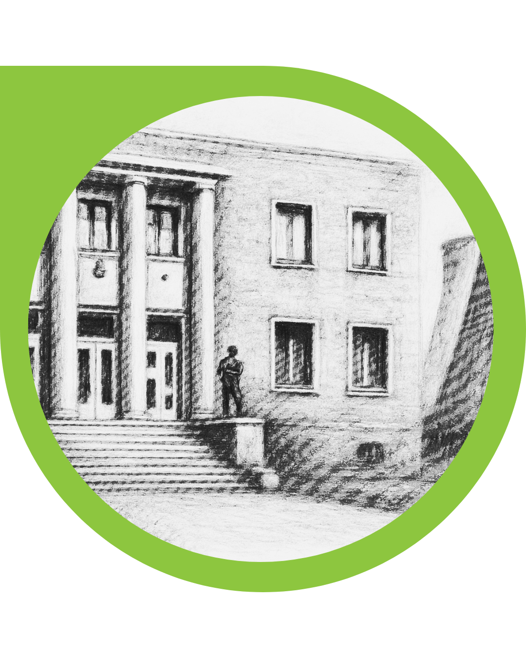 Vedere sediul central și statuie miner de la intrare, în stil ilustrație veche. 